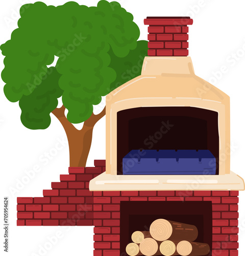 Outdoor brick pizza oven with chimney and wood storage under. Tree in background. Garden cooking and homemade cuisine vector illustration.