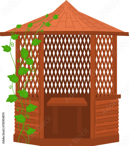 Wooden garden gazebo with lattice sides and climbing plants. Botanical garden wooden pavilion with vines vector illustration.