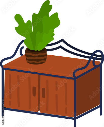 Wooden sideboard furniture with indoor plant on top. Modern cabinet with houseplant decoration interior vector illustration.
