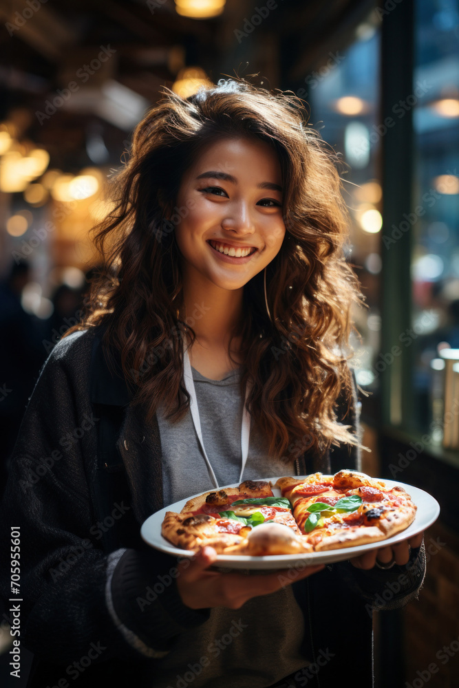 Stylish young woman enjoying pizza with friends at a modern restaurant, savoring delicious cuisine.