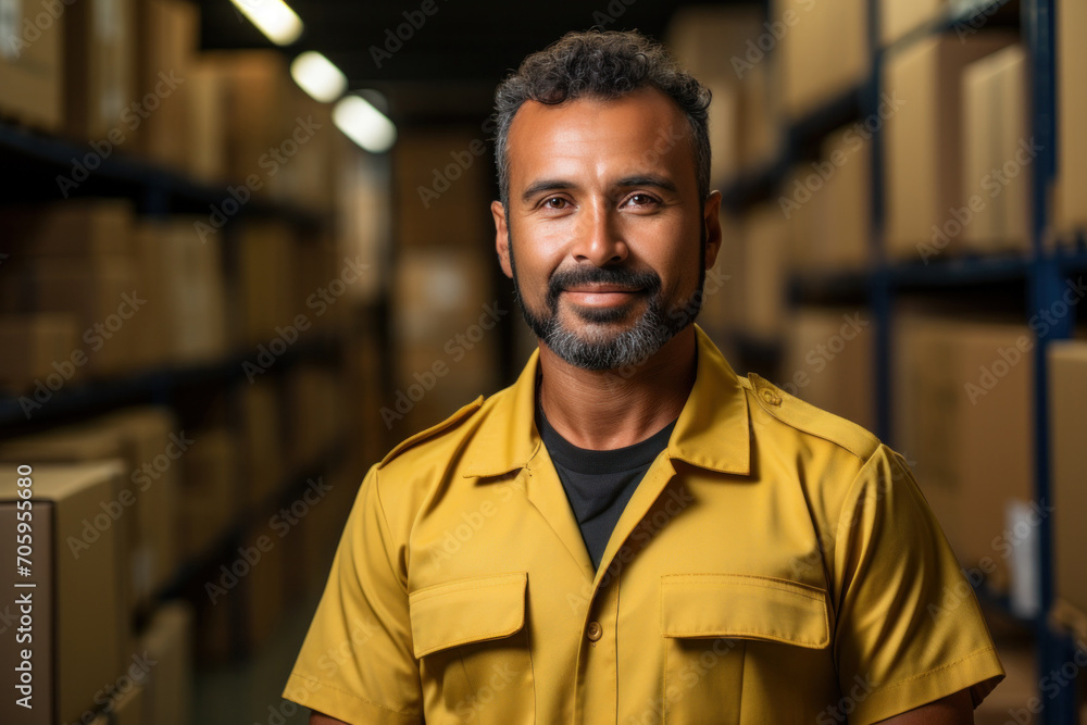 A portrait of a happy warehouse worker, overseeing the distribution and shipping process. A portrait of a happy warehouse worker, overseeing the distribution and shipping process.