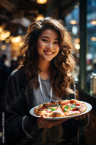 Stylish young woman enjoying pizza with friends at a modern restaurant  savoring delicious cuisine.
