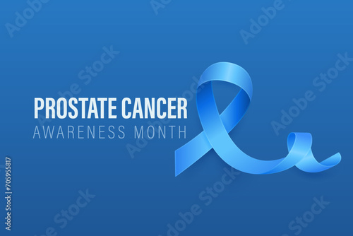 Prostate Cancer Banner, Card, Placard with Vector 3d Realistic Blue Ribbon on Blue Background. Prostate Cancer Awareness Month Symbol Closeup, September. World Prostate Cancer Day Concept
