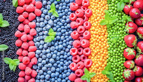 Composition with several fruits lined up, blueberry, grape, raspberry, strawberry, National Nutrition Month celebration in March, food concept, generative ai