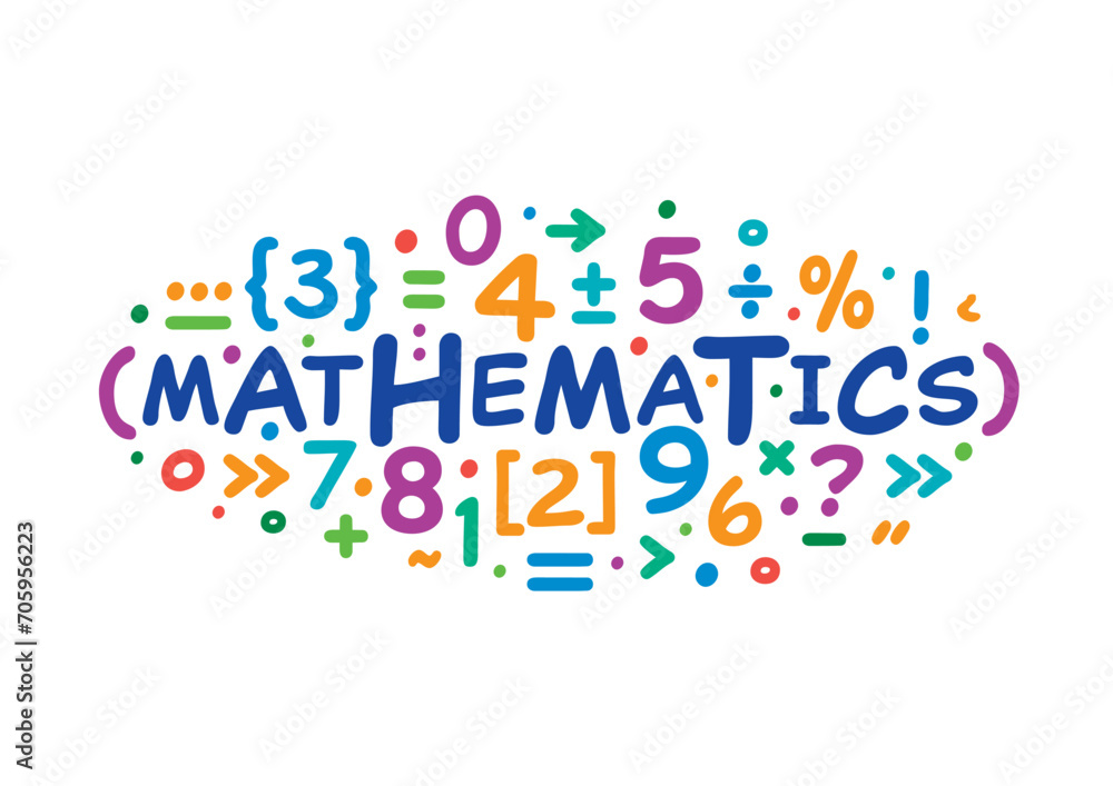 word mathematics on white background, scattered mathematics symbols. mathematics concept with colorful symbols