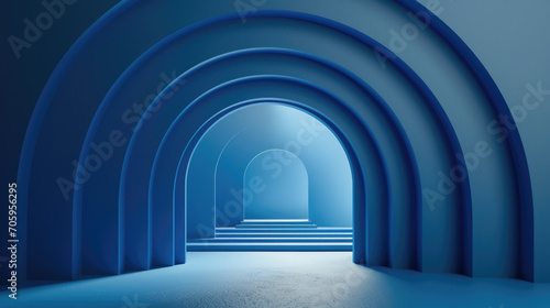 Serenely lit blue arches forming a corridor in an abstract, futuristic space.