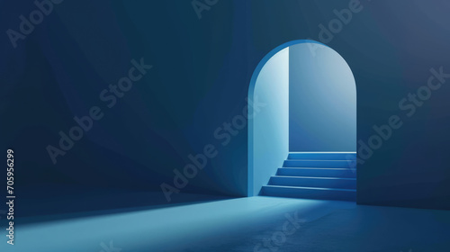 Serenely lit blue arches forming a corridor in an abstract  futuristic space.