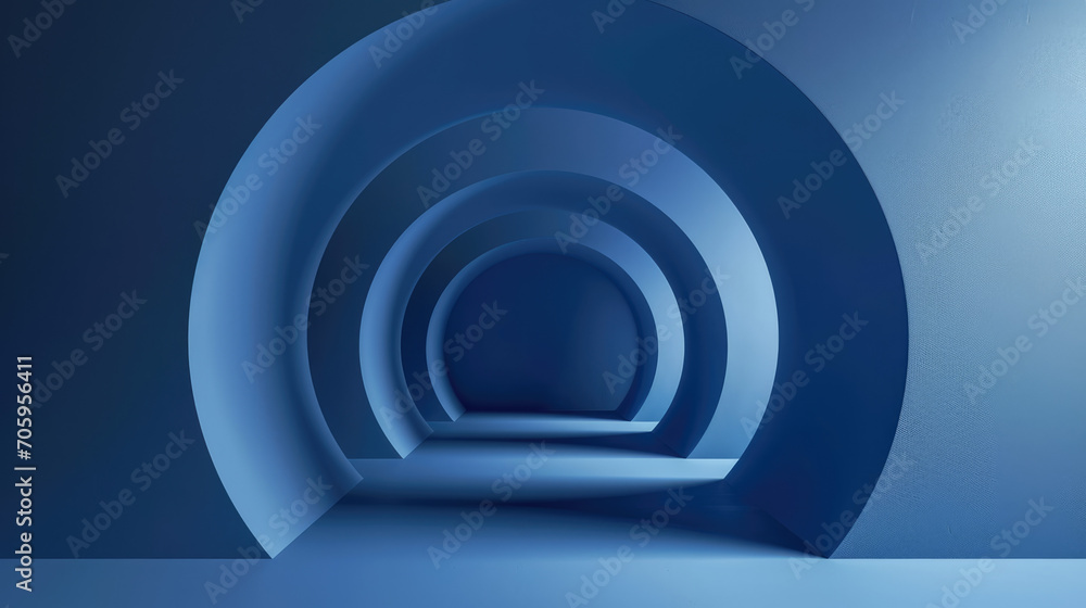 Obraz premium Serenely lit blue arches forming a corridor in an abstract, futuristic space.