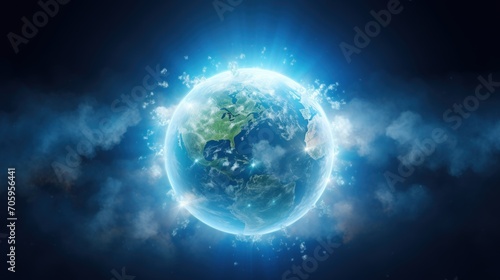 Blue earth globe with white clouds on blue sky background. Generate AI photo