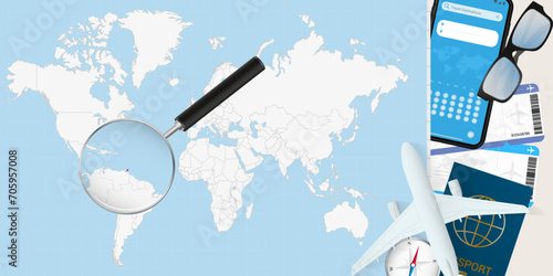 Trinidad and Tobago is magnified over a World Map, illustration with airplane, passport, boarding pass, compass and eyeglasses.