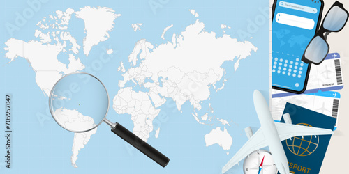 Barbados is magnified over a World Map, illustration with airplane, passport, boarding pass, compass and eyeglasses.