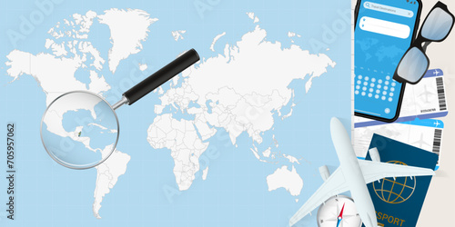 Belize is magnified over a World Map, illustration with airplane, passport, boarding pass, compass and eyeglasses.