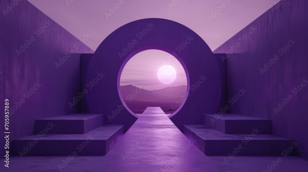 A glowing purple arch in a futuristic passage leads to the outdoor alien planet. - obrazy, fototapety, plakaty 