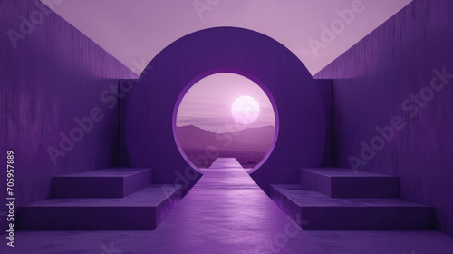 A glowing purple arch in a futuristic passage leads to the outdoor alien planet. photo