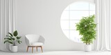 Minimalistic white interior with large windows, home plants, round table, chairs, and a white loft, adorned with white curtains.