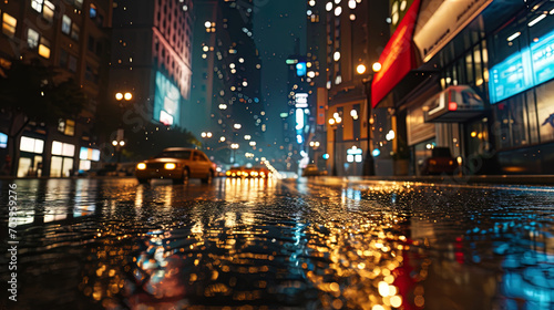 The night city landscape, where wet asphalt reflects the sparkling lights of skyscrapers, creating