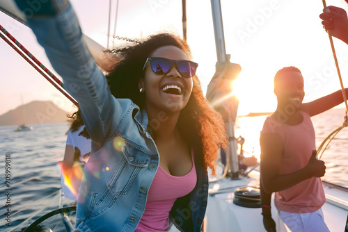 Freudige Bootsfahrt: Glückliche Menschen genießen gemeinsam fröhliche Momente auf dem glitzernden Wasser