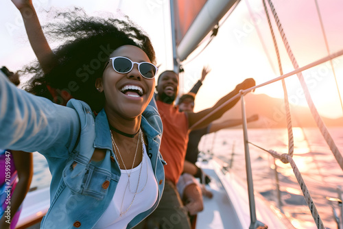 Freudige Bootsfahrt: Glückliche Menschen genießen gemeinsam fröhliche Momente auf dem glitzernden Wasser photo
