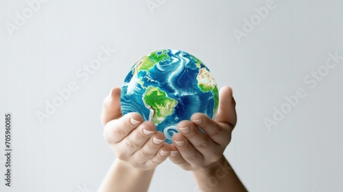 Human hands holding blue earth global for earth day concept on white background. Generate AI