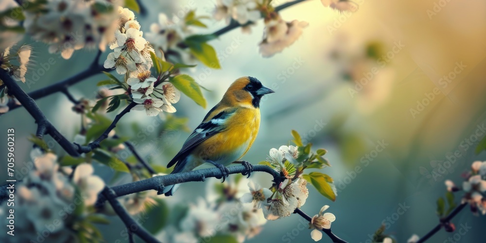 A single Swinhoe's White-eye, Zosterops simplex, perch on a cherry-blossom sakura tree surrounded by sakura flowers.