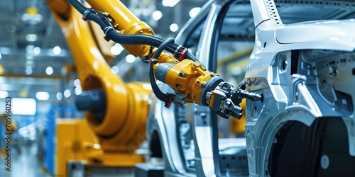 Modern factory with robotic arms for the car production