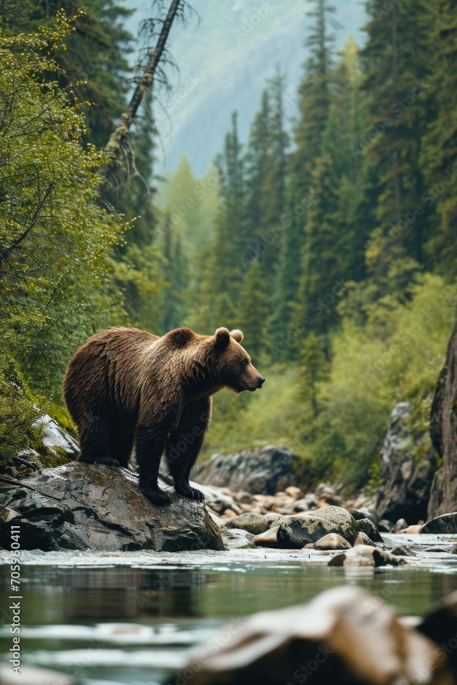 a brown bear is standing on the shore of a river a brown bear is standing on the shore of a river