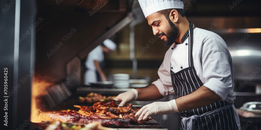 A cheerful chef in an apron and gloves, preparing BBQ meat in a professional kitchen. A cheerful chef in an apron and gloves, preparing BBQ meat in a professional kitchen.