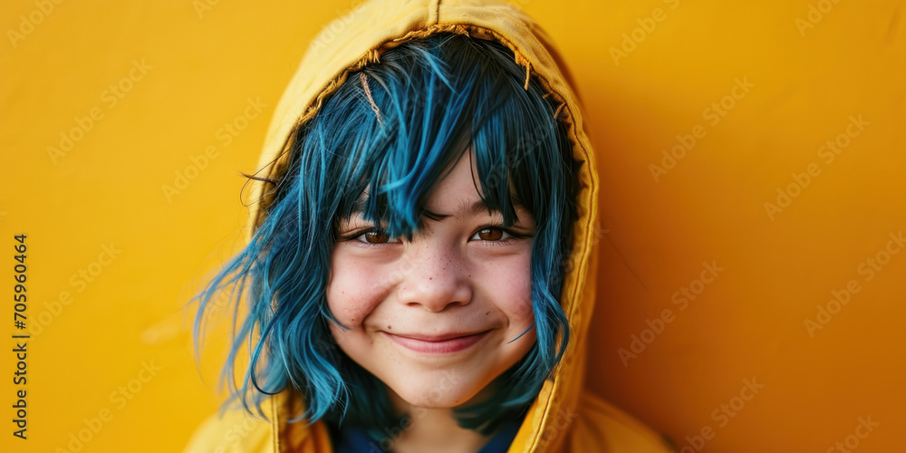 A portrait of an attractive and cheerful girl with blue hair, a yellow hoodie, and a happy smile. A portrait of an attractive and cheerful girl with blue hair, a yellow hoodie, and a happy smile.