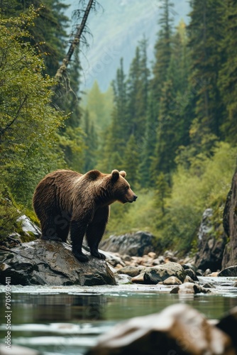 a brown bear is standing on the shore of a river