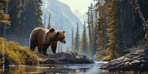 a brown bear is standing on the shore of a river photo