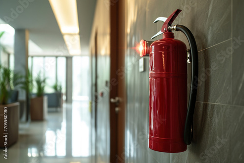 A red fire extinguisher on a wall, emphasizing safety, emergency preparedness, and industrial protection. © Andrii Zastrozhnov