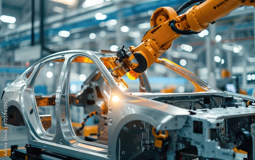 Modern factory with robotic arms for the car production Modern factory with robotic arms for the car production