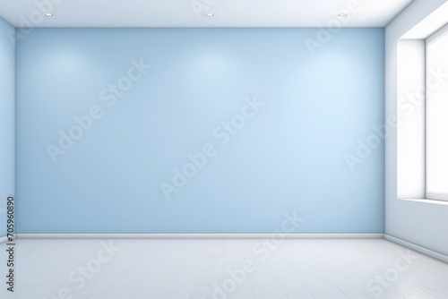 Pastel blue color empty room with light from window in modern interior. Wall scene mockup for showcase. Wall with copy space.