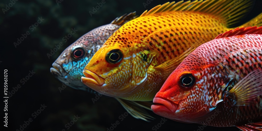 three tropical fish swimming next to each other in a dark ocean three tropical fish swimming next to each other in a dark ocean