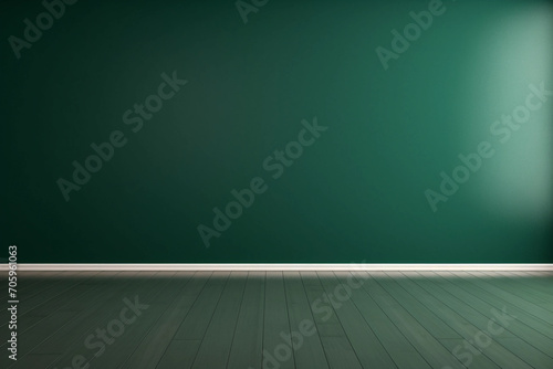 Forest green color empty room with light from window in modern interior. Wall scene mockup for showcase. Wall with copy space.