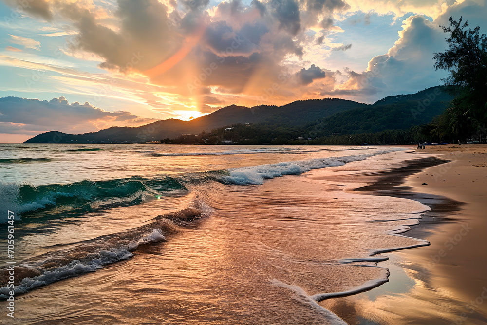 Naklejka premium A vibrant sunset graces Phuket's beach, while on the opposite side, a rainbow decorates the mountains.