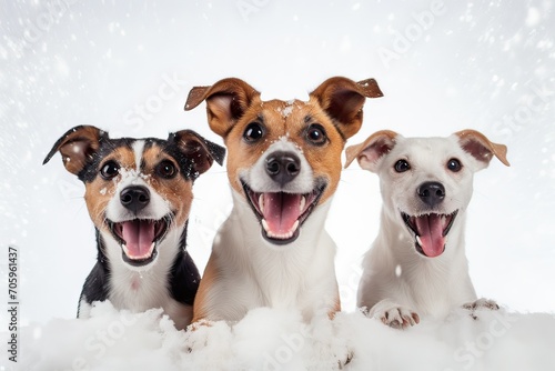 three Jack Russell terrier dogs in the snow in winter. Animal portrait of cute smiling dog