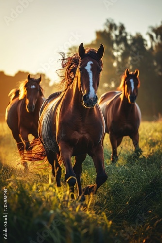 Beautiful horses on freedom in the field of dandelions photo