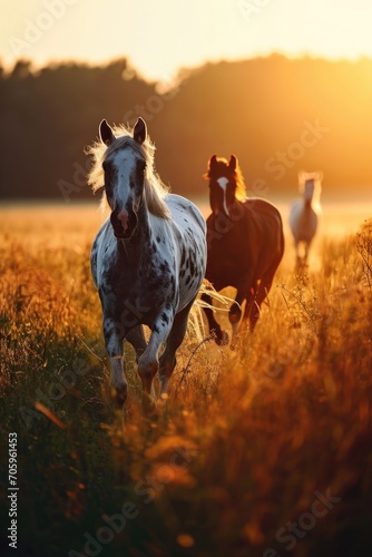 Beautiful horses on freedom in the field of dandelions
