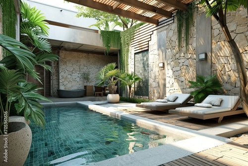 Modern apartment patio or cortyard with pool, calming area for relaxing in natural and exotic colors. photo