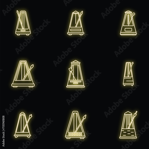 Metronome beat icons set. Outline set of metronome beat vector icons neon color on black