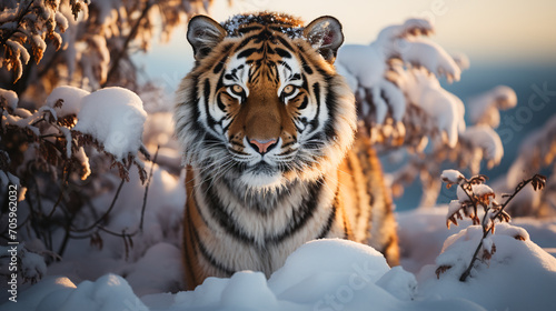 Beautiful wild siberian tiger on snow photo