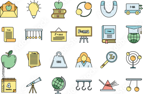 World Newtons day icons set. Outline set of world Newtons day vector icons thin line color flat on white