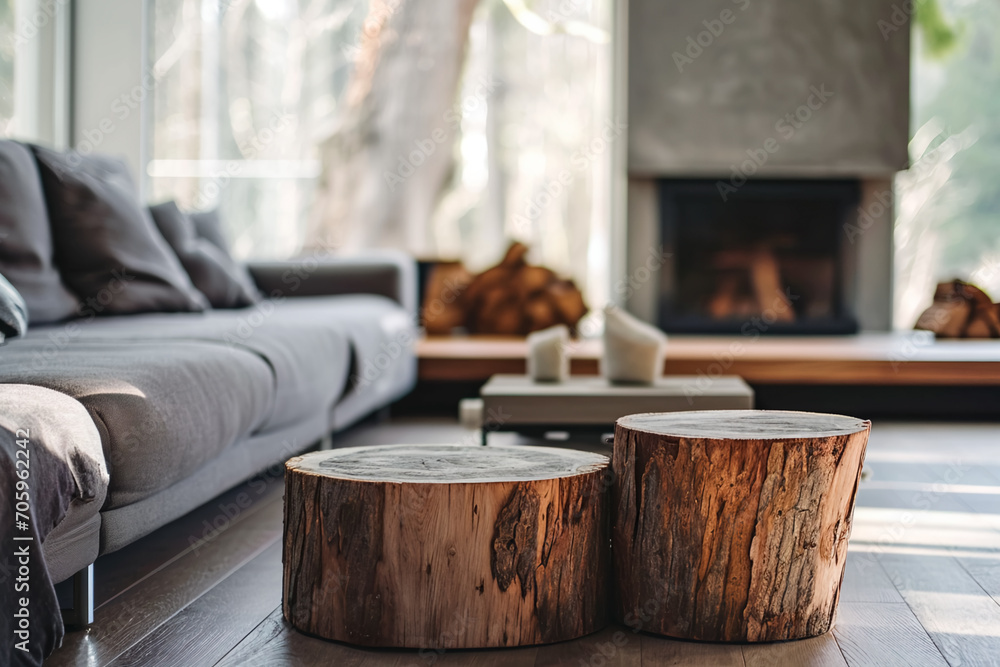 Close-up of two tree stump accent coffee tables near a grey sofa against a window and fireplace, showcasing the minimalist loft home interior design of a modern living room.