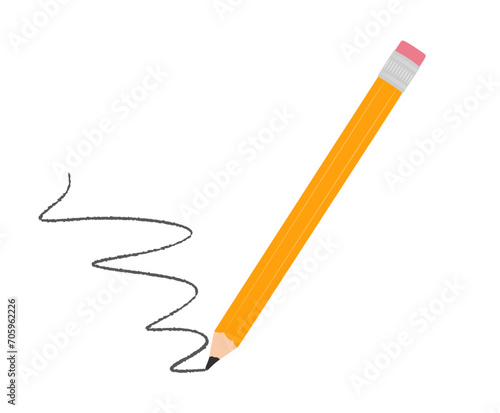 Vector yellow pencil isolated on white background. Flat illustration of pencil with wave line drawing. Stationery tool or item for drawing and sketches, wooden object for writing and drawing. Vector