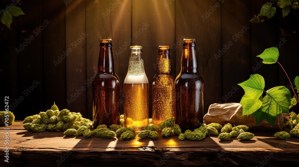 The warm, golden light beams through a row of beer bottles, casting a radiant glow over the hops on a wooden surface.
