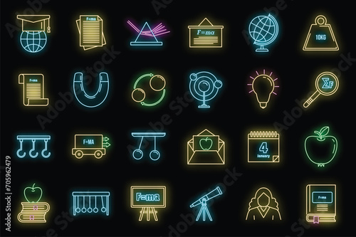 World Newtons day icons set. Outline set of world Newtons day vector icons neon color on black