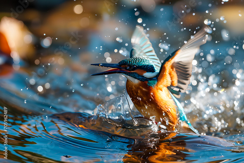 After an unsuccessful attempt to catch a fish, a female kingfisher emerges from the water. photo