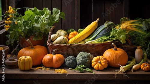 A rustic autumn harvest display featuring an array of pumpkins  squash  and leafy greens on a wooden bench. 
