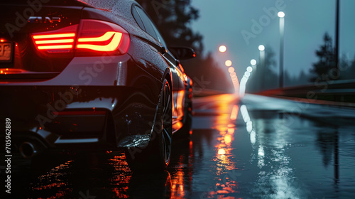 Atmospheric photo of the car on the highway in the dark, where the rear lights reflect on the wet © JVLMediaUHD